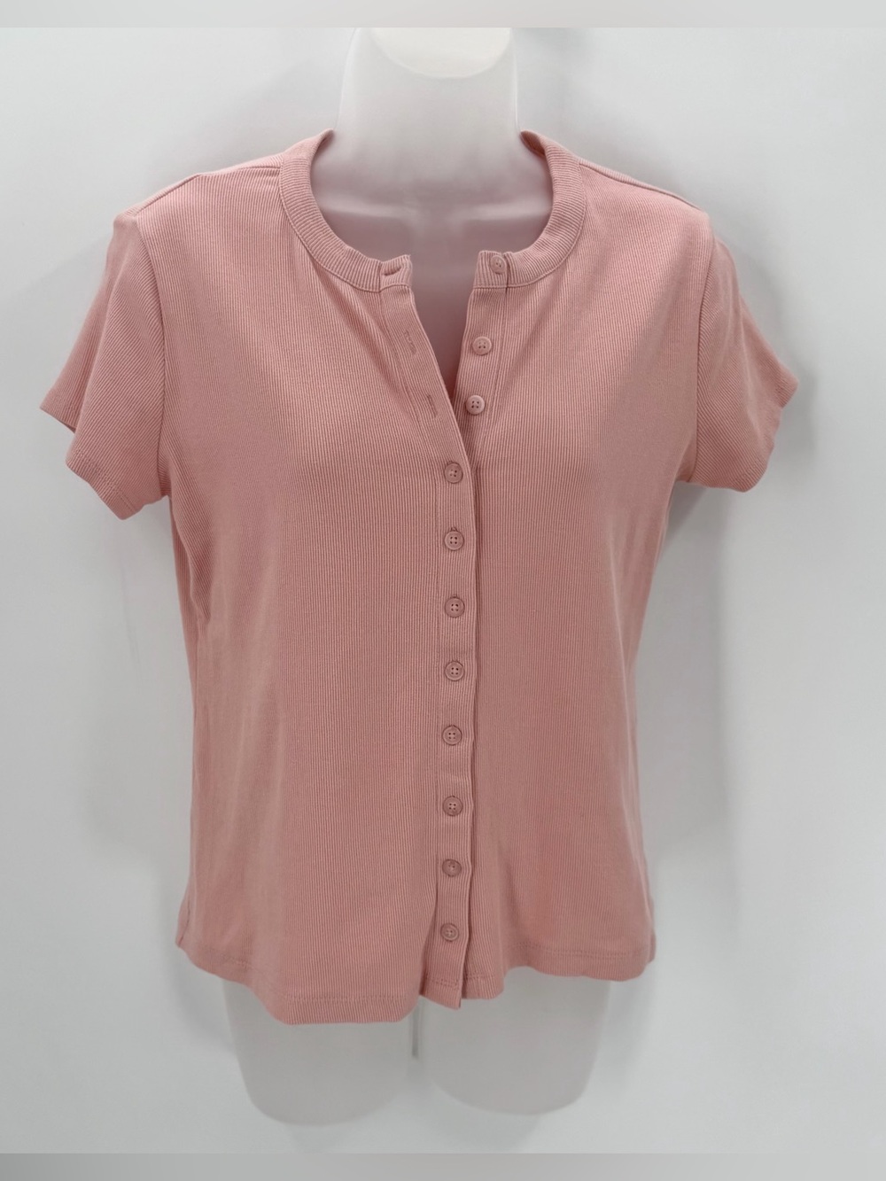 Universal Thread Top Womens XL Pink Rib Knit Button Front Tee Fitted Short Slv